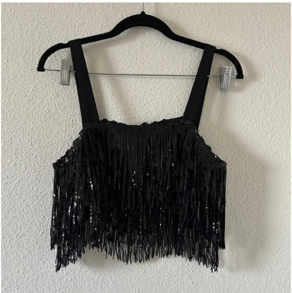 On Twelfth Elegant Black Fringe SequinsTank Top - Picture 1 of 3